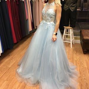 Stunning prom or bridesmaid dress. Light blue, flowy, princess style dress.